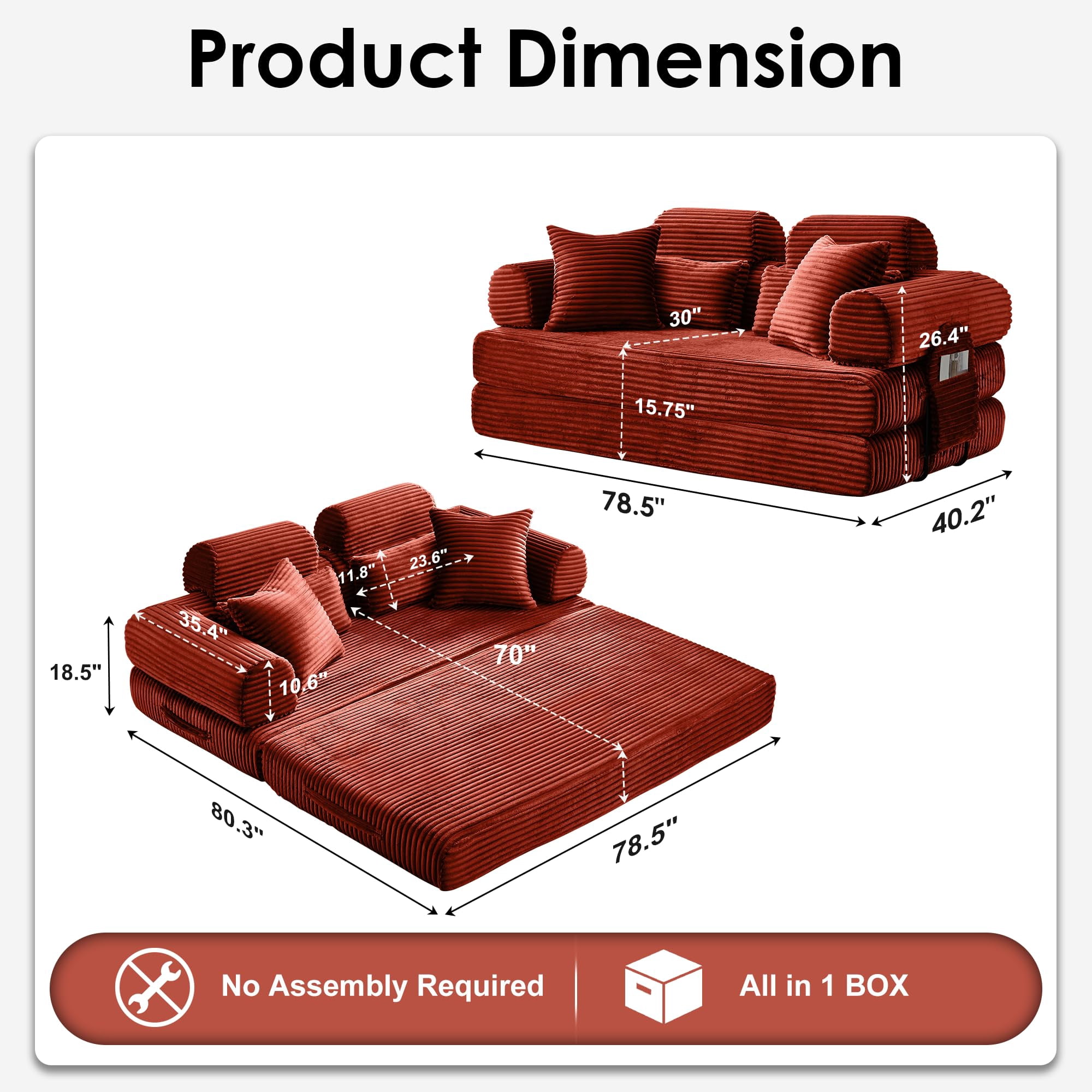 Howcool 78.5" Convertible Sleeper Sofa Bed, Corduroy Foldable Loveseat, Boneless Memory Foam Couch Bed for Living Room, Queen to King Size, No Assembly,Orange