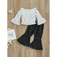 thumbnail image 5 of Franhais 2Pcs Toddler Girls Summer Outfits, Long Bell Sleeve Off Shoulder Tops + Ripped Flare Jeans Set, 5 of 9