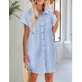 thumbnail image 4 of Women'S Summer Cotton and Linen V-Neck Button Casual Short Sleeve Loose Waist Shirt Dress Striped Light Blue L, 4 of 6