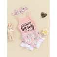 thumbnail image 3 of Suealasg Newborn Baby Girls Easter 3Pcs Clothes Sets 3M 6M 12M 18M Infant Girls Summer Outfits Letter Print Sleeveless Rompers Shorts Headband, 3 of 8