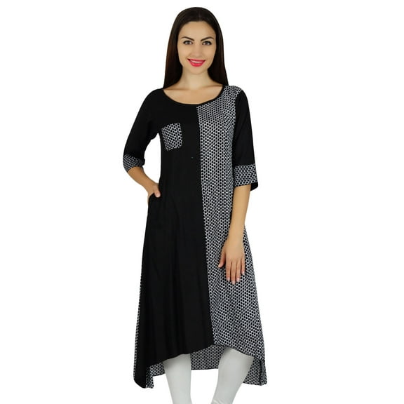 Bimba Women A-Line Rayon Black Kurta Designer Kurti With Pockets Asymmetrial Hem Casual Summer Tunic