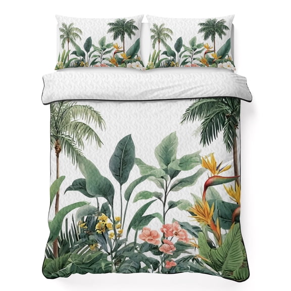 Quilts Full Size Bedding Set, Summer Palm Tree Lightweight Quilted Comforter, Tropical Botanical Floral Coastal Soft Reversible Bedspread Coverlet with Pillow Covers for All Season, 78" x 90"