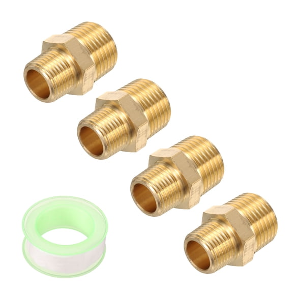 Uxcell 4pcs Hex Nipple Brass Pipe Fitting, 3/8 NPT Male x 1/2 NPT Male Threaded Pipe Adapter Pipe with PTFE Tape, Gold Tone