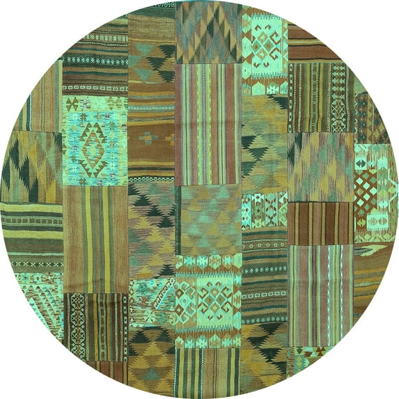 Ahgly Company Machine Washable Indoor Round Patchwork Turquoise Blue Transitional Area Rugs, 5' Round