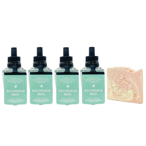 Bath & Body Works Mediterranean Waves 4 Pack Home Fragrance Refill Bulbs with a Himalayan Salts Springs Sample Soap