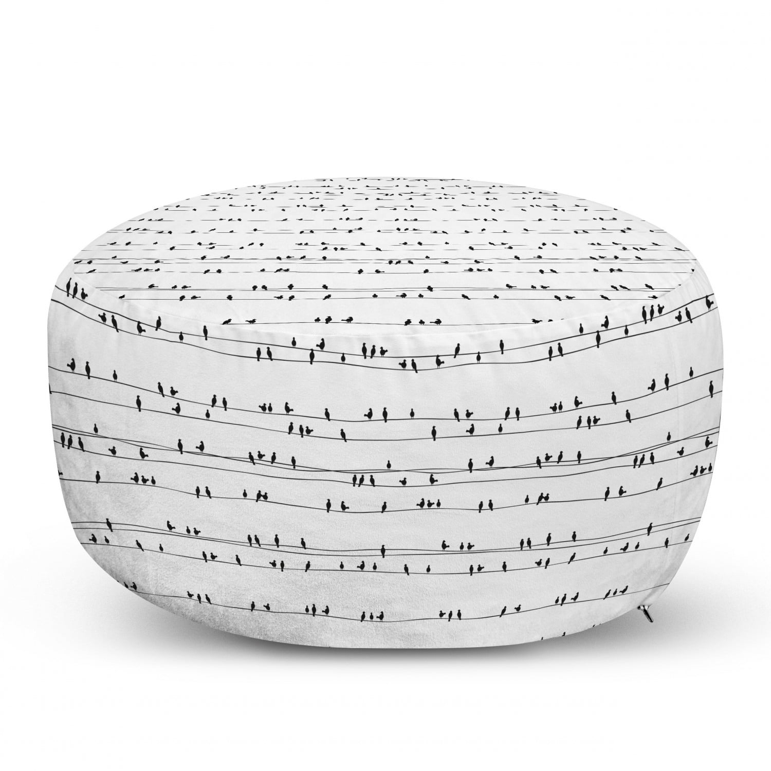 Bird on a Wire Pouf Cover with Zipper, View of Lots of Avian Animal Silhouettes in Monochrome Art, Soft Decorative Fabric Unstuffed Case, 30' W X 17.3' L, Charcoal Grey and White, by Ambesonne