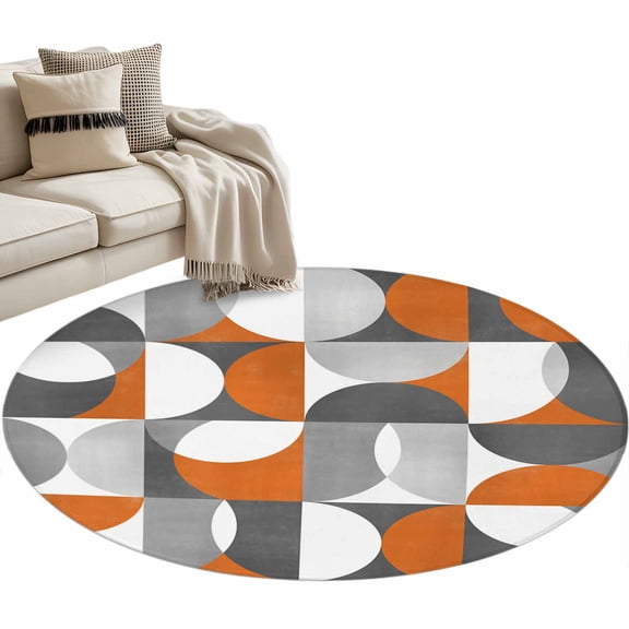 Round Area Rug 3ft Mid Century Geometric Floor Carpets Indoor Floor Area Mat Stain-Proof Mat Circle Rugs for Living Room Dining Room Kitchen Bedroom, Abstract Modern Orange Sofa Throw Carpet