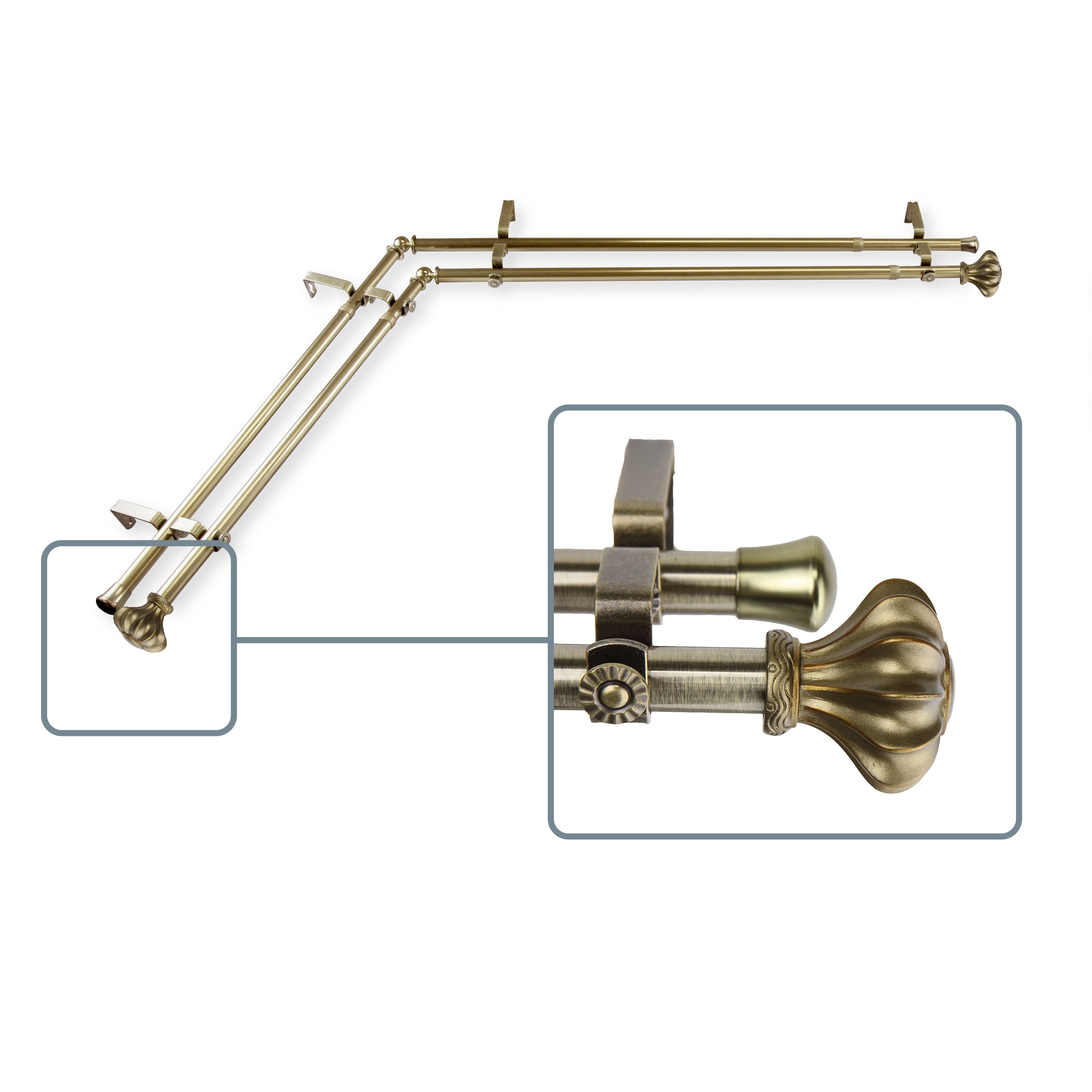 Maurice 13/16 inch Double Corner Window Curtain Rod 120-170" - Antique Brass