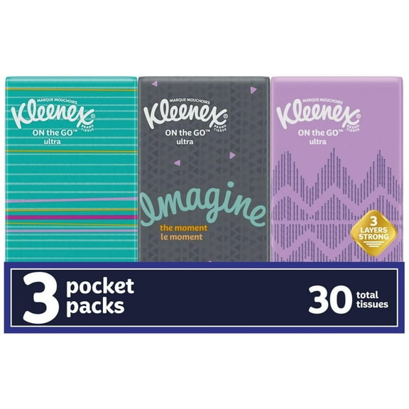 Kleenex On-The-Go Facial Tissues, 3 On-The-Go Packs, 10 Tissues Per Box, 3-Ply (30 Total Tissues), Packaging May Vary
