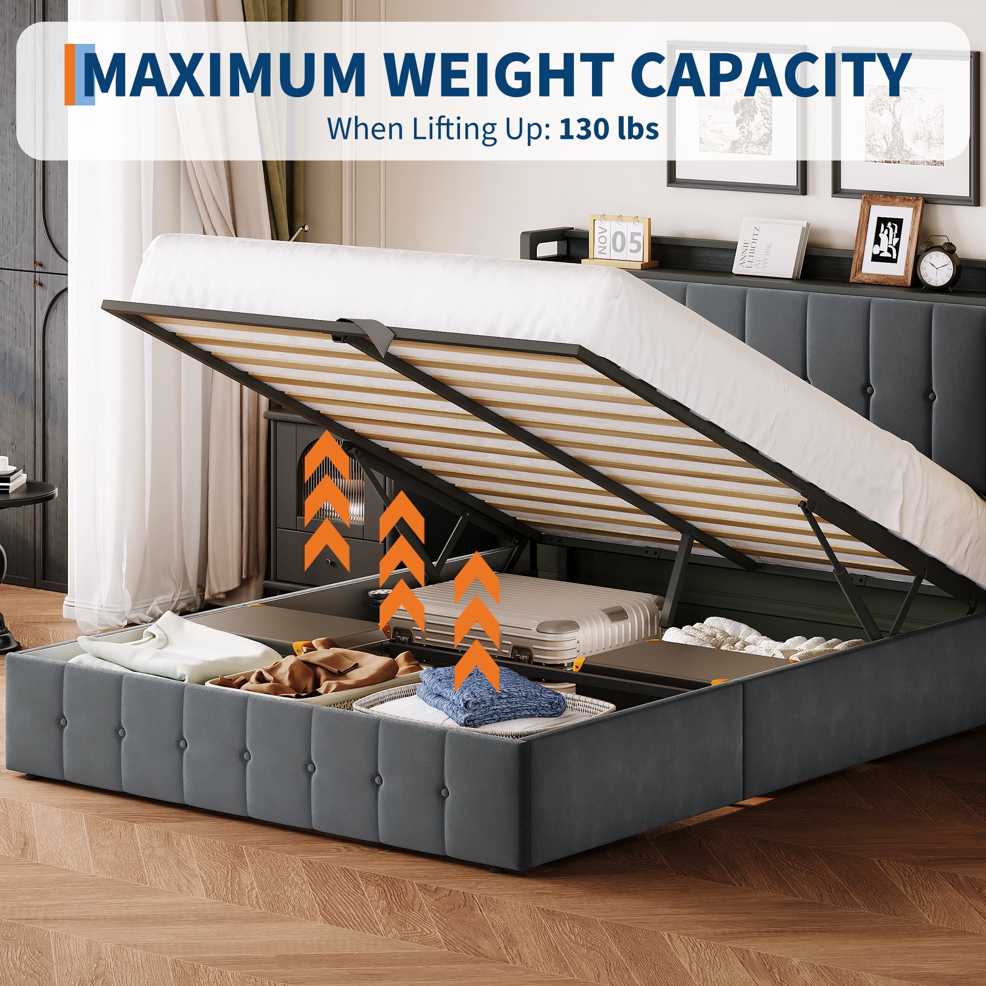 Queen Lift Up Storage Bed Frame,Upholstered Platform Bed with Storage Headboard,Hydrualic Underneath Storage,No Box Spring Needed,Easy Assembly