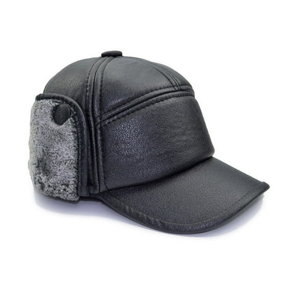 HOMEMAXS  Men's Leather Cap Adjustable Cable Knit Beanie Black Middle Aged Man