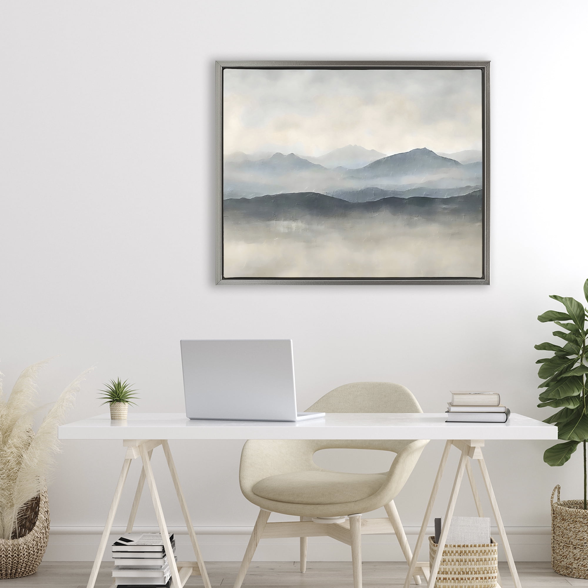 Stupell Industries Misty Muted Mountainscape Gray Framed Floater Canvas Wall Art, design by Riley B