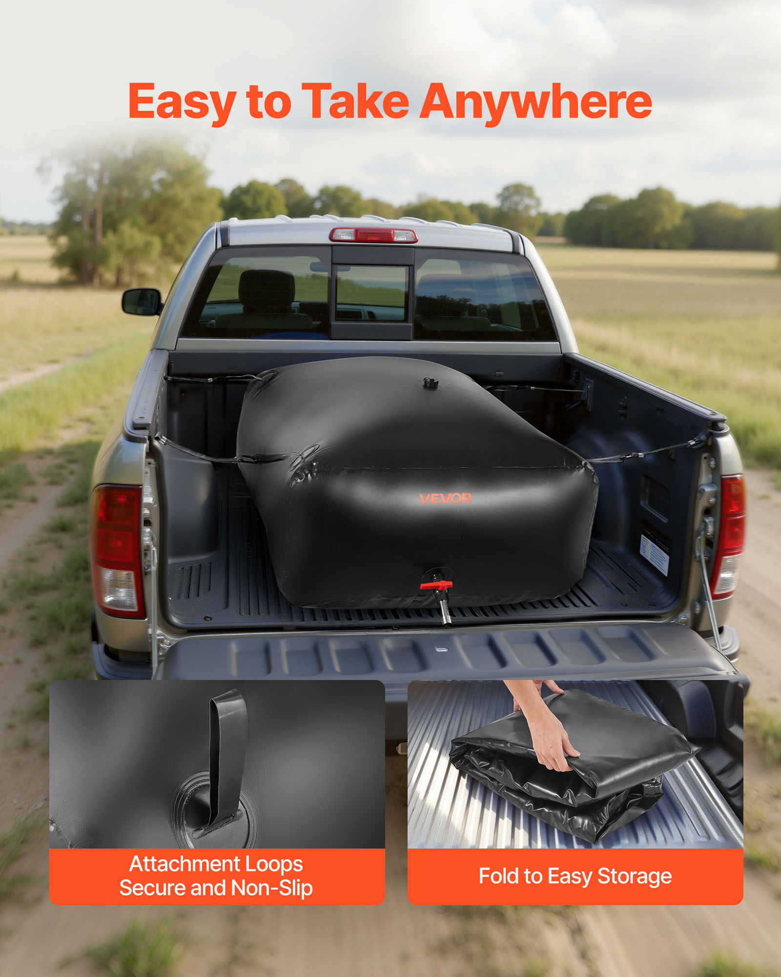 VEVOR Water Storage Bladder, 264.2 Gal Collapsible Water Storage Bag, Wear-Resistant 1000D PVC Soft Waters Bag, Leakproof Camping Tank Containers for Garden Irrigation RV Emergency Use, Black