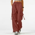 thumbnail image 2 of Womens Cargo Pants High Waisted Baggy Wide Leg Plus Size Parachute Pants with Pockets and drawstring Cargos Lightweight Trousers Y2K Wine XXL, 2 of 7