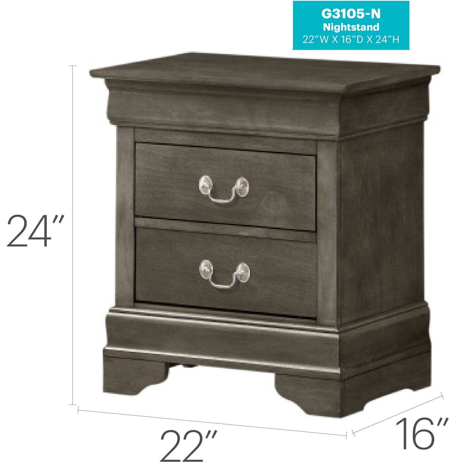 Glory Furniture Louis Phillipe 2 Drawer Nightstand in Gray