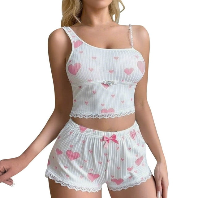 Ensemble de Lingerie pour Femmes Sans Manches Col Rond - Ensemble de Vêtements de Nuit Courts