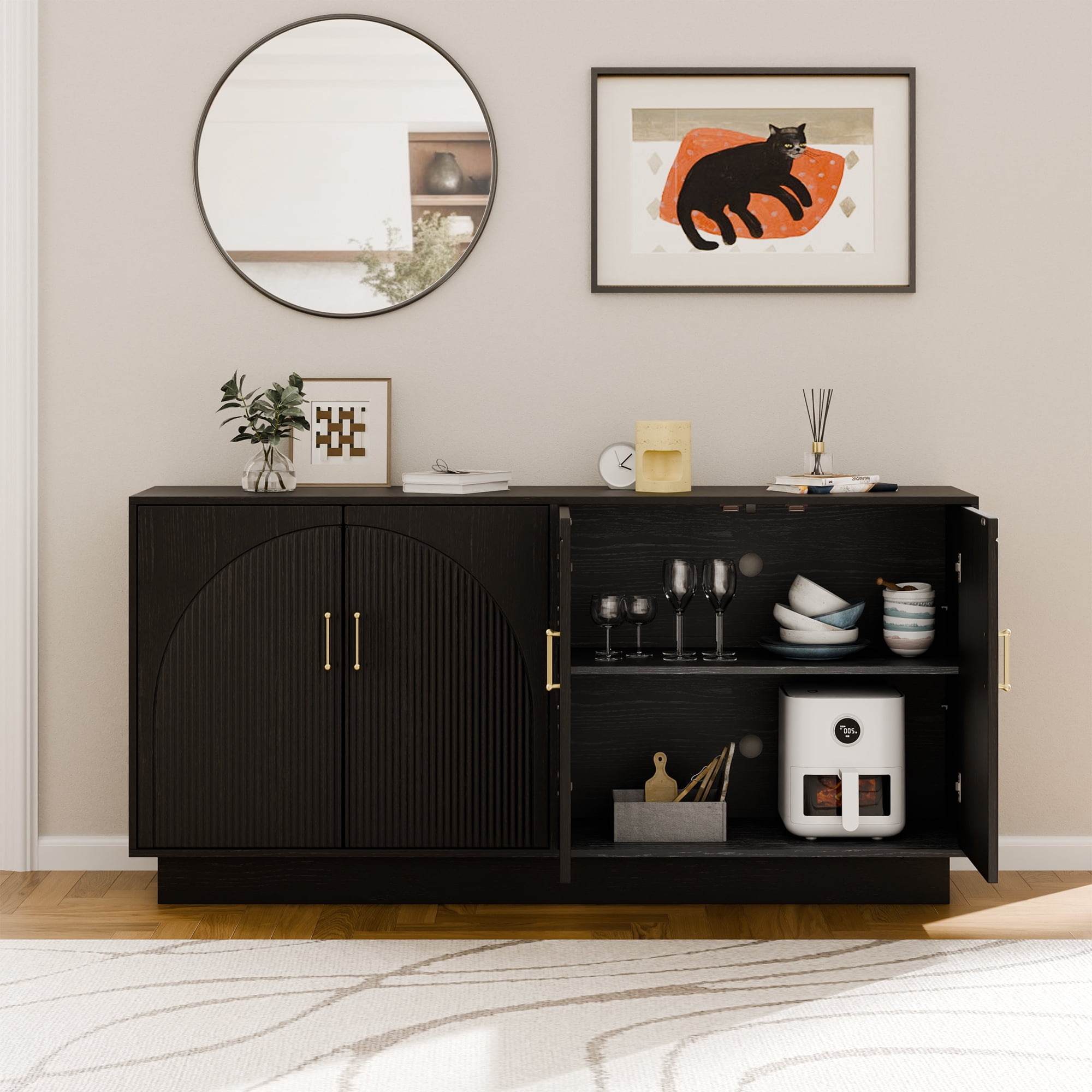 Mid-Century Fluted TV Stand with Storage Fits TVs up to 75", Entryway Console, Sideboard, Ebony Black