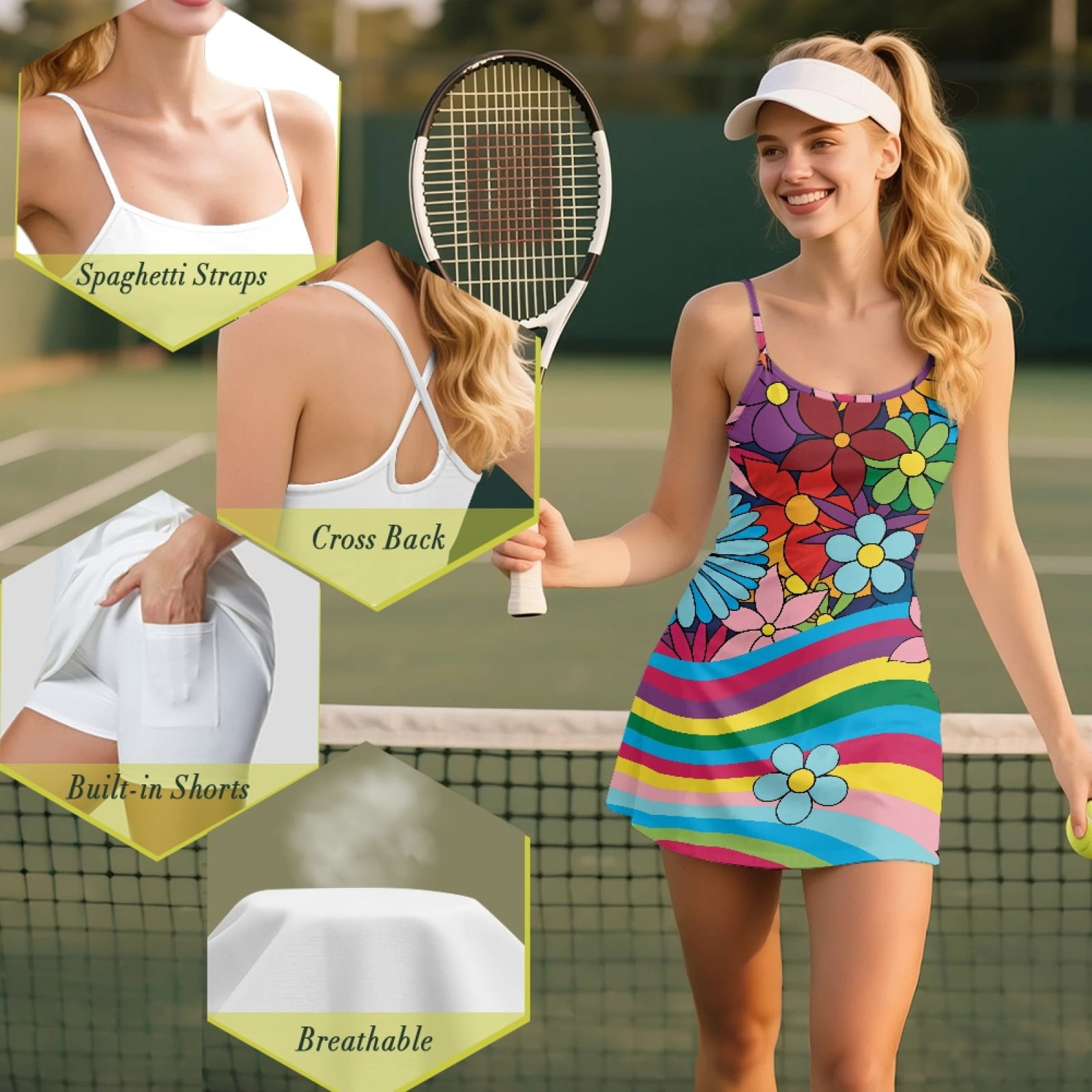 Yuyamidu Hippie Flowers Womens Tennis Dress Built in Shorts Trendy Spaghetti Straps Exercise Workout Dress with Pocket Stretchy Golf Athletic Dresses Size L