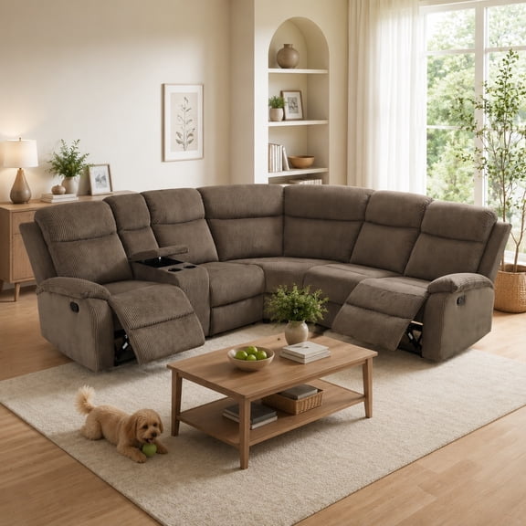 Manual Recliner Sectional Sofa, L-Shaped Reclining Couch, Living Room Furniture Set, Corner Sectional Couch Set with Storage/Cup Holder (Brown, Sectional)