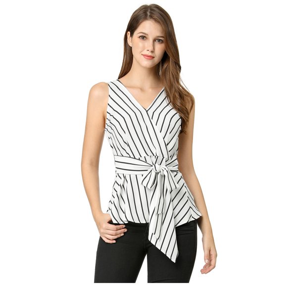 MODA NOVA Junior's Striped Sleeveless V Neck Wrap Tie Waist Top