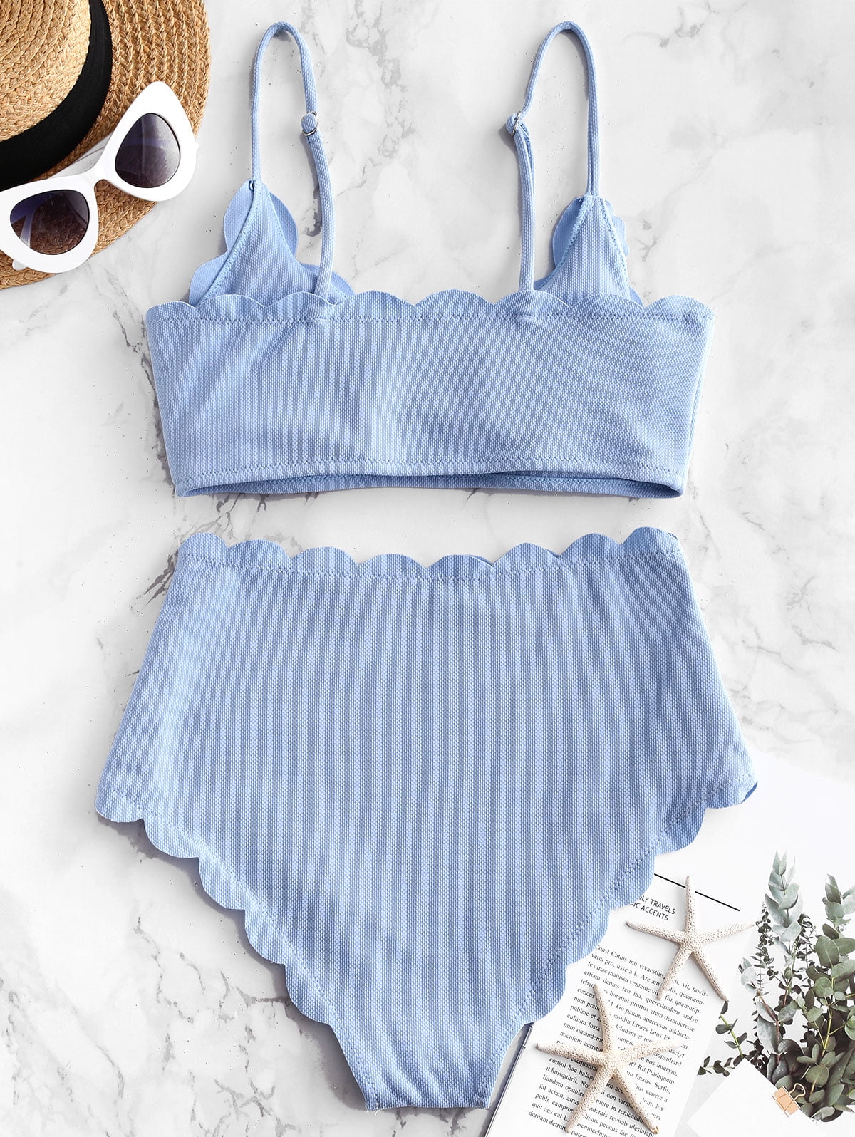 Zaful scalloped textured high waisted 2024 bikini set