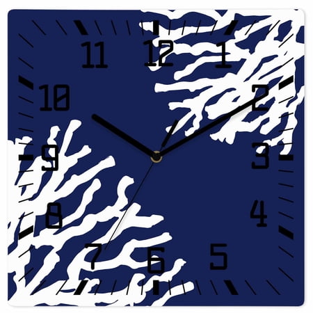 Coral Navy Blue Wooden Wall Clock Silent Non Ticking Coastal Ocean Marine Nautical Beach Square Wall Clocks Battery Operated Decor Clock for Home Office Living Room Kitchen 12 Inch