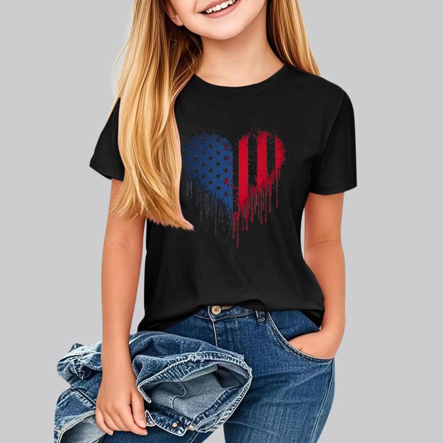 hengsof T-Shirt Imprimé à Thème Patriotique pour Filles, Manches Courtes, Col Rond, Ample et Confortable, Adapté aux Enfants de 2 à 13 Ans