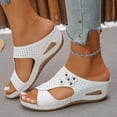 thumbnail image 4 of Women's Flower Wedge Slides Sandals Comfortable Leather Peep Toe Beach Casual Summer Slip on Walking Slippers, 4 of 6