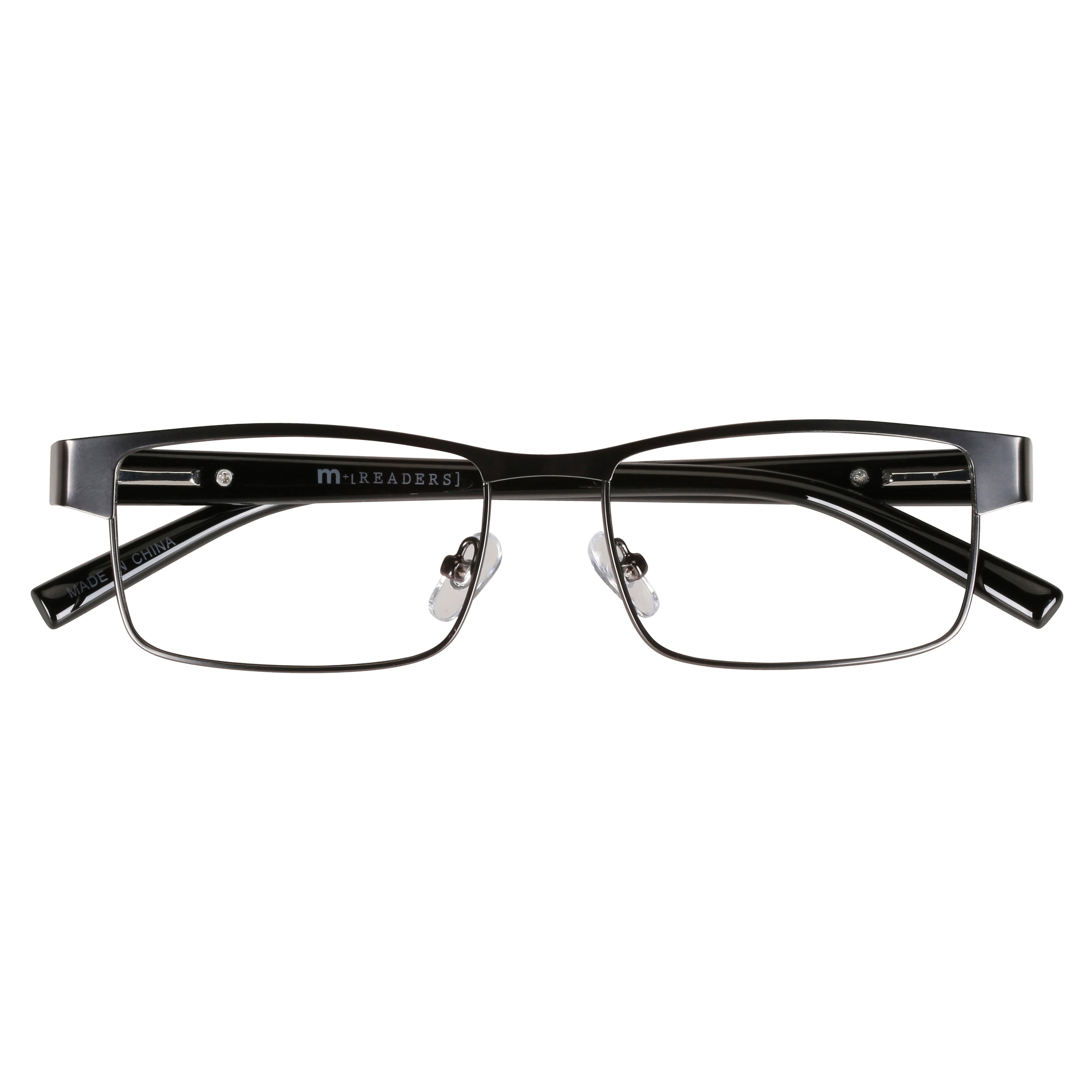 M+ Mens Rectangular Flat Metal Reading Glasses Gun 1.75 Birch in Gunmetal with Classic Black Temples