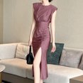 thumbnail image 4 of ZYHT 30842 Women 4 Colors Round Neck Sleeveless Shoulder Pad Solid Color Lady Elegant Ruched Split Bodycon Long Dress, 4 of 5