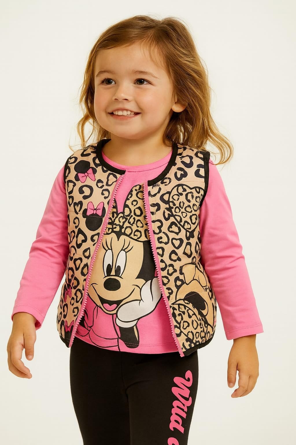 Disney Minnie Mouse Girls 3-Piece Outfit Set  Leopard Print Vest, Long Sleeve Top & Leggings  Toddler & Kids Clothing