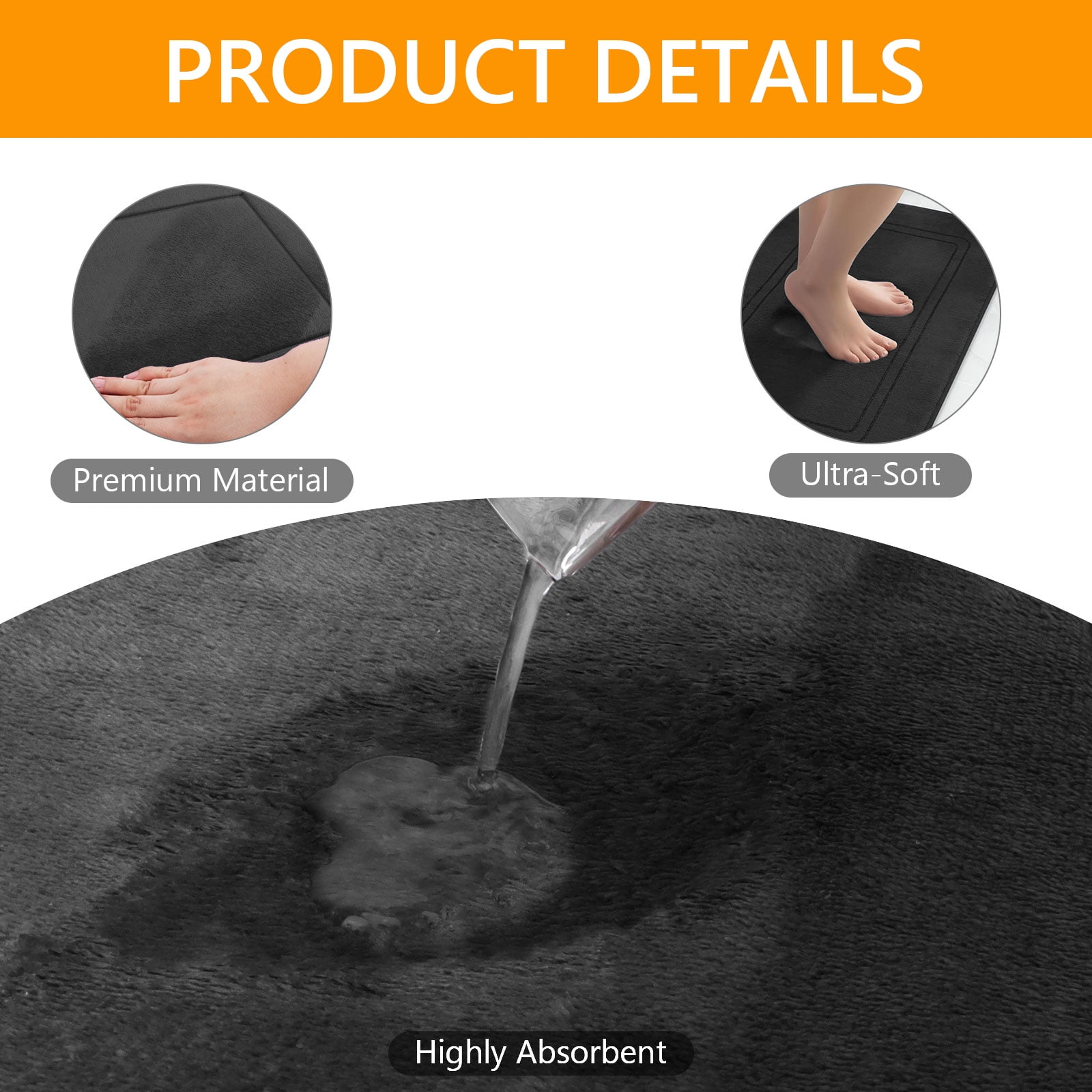 Tripumer 3 Pcs Black Memory Foam Bath Mat Set Bathroom Rugs Set U Shape Toilet Mats for Toilet Shower Sink
