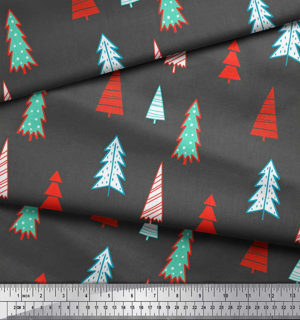 Soimoi Gray Cotton Voile Fabric Christmas Tree Print Fabric by the Yard 56 Inch Wide