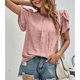 thumbnail image 3 of Top con cuello redondo para mujer, escote plisado, mangas cortas de pétalos, tela jacquard, camiseta informal de verano, rosa oscuro S, 3 of 8