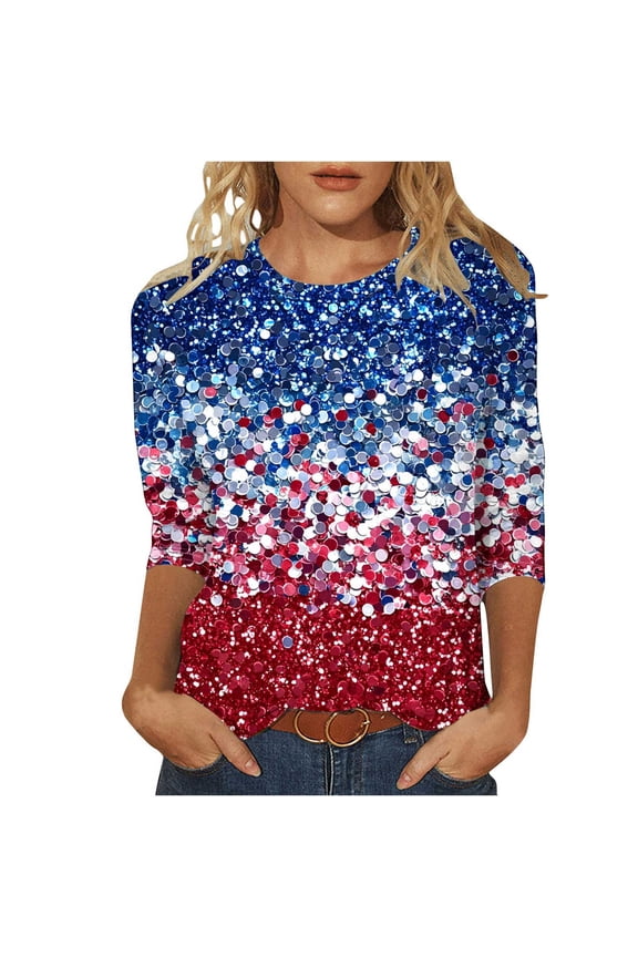 4th of July Shirts Women Cotton 3/4 Length Sleeve Tunic Tops Patriotic American Flag Shirt