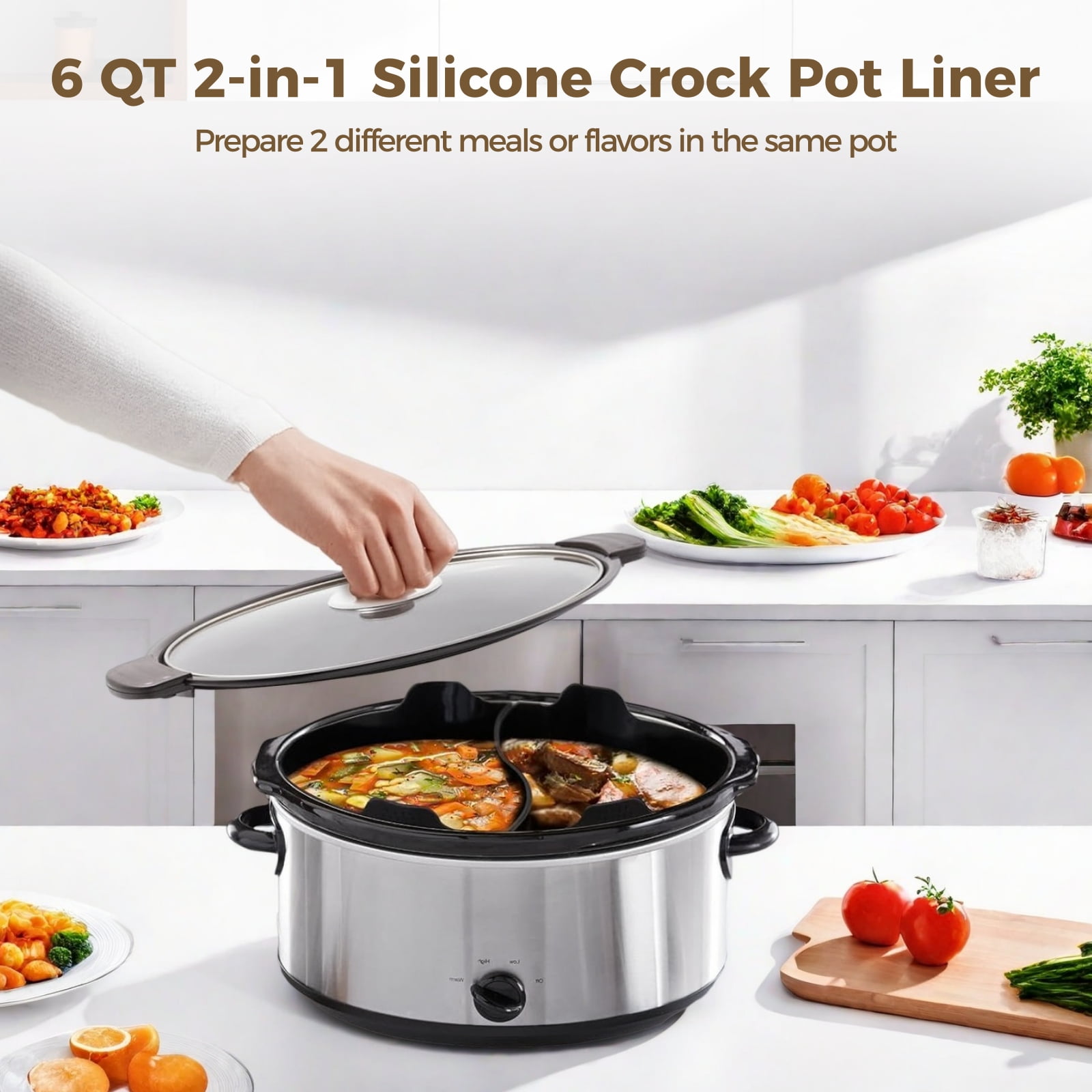 6 Quart 2-in-1 Silicone Slow Cooker Liners, Reusable Divider Insert, Oval Shape Anti-Slip Handle, Dishwasher Safe Slow Cooker Liner for Two Meal Cooking