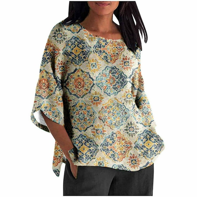 Blouse Courte pour Femmes, Chemise Décontractée Imprimée à Manches 3/4 avec Col Rond et Tissu Polyester Respirant pour Printemps Été