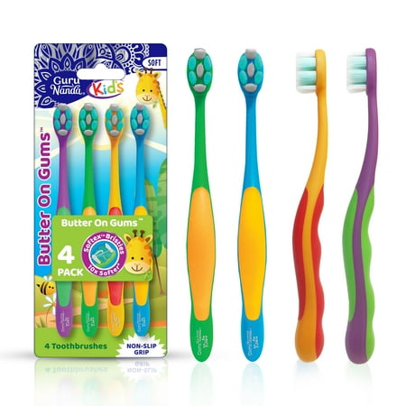 GuruNanda Butter on Gums Toothbrush for Kids - Ages 3+ - Extra Soft Bristles with Ergonomic Grip , Multi- Colored - 4 Pack