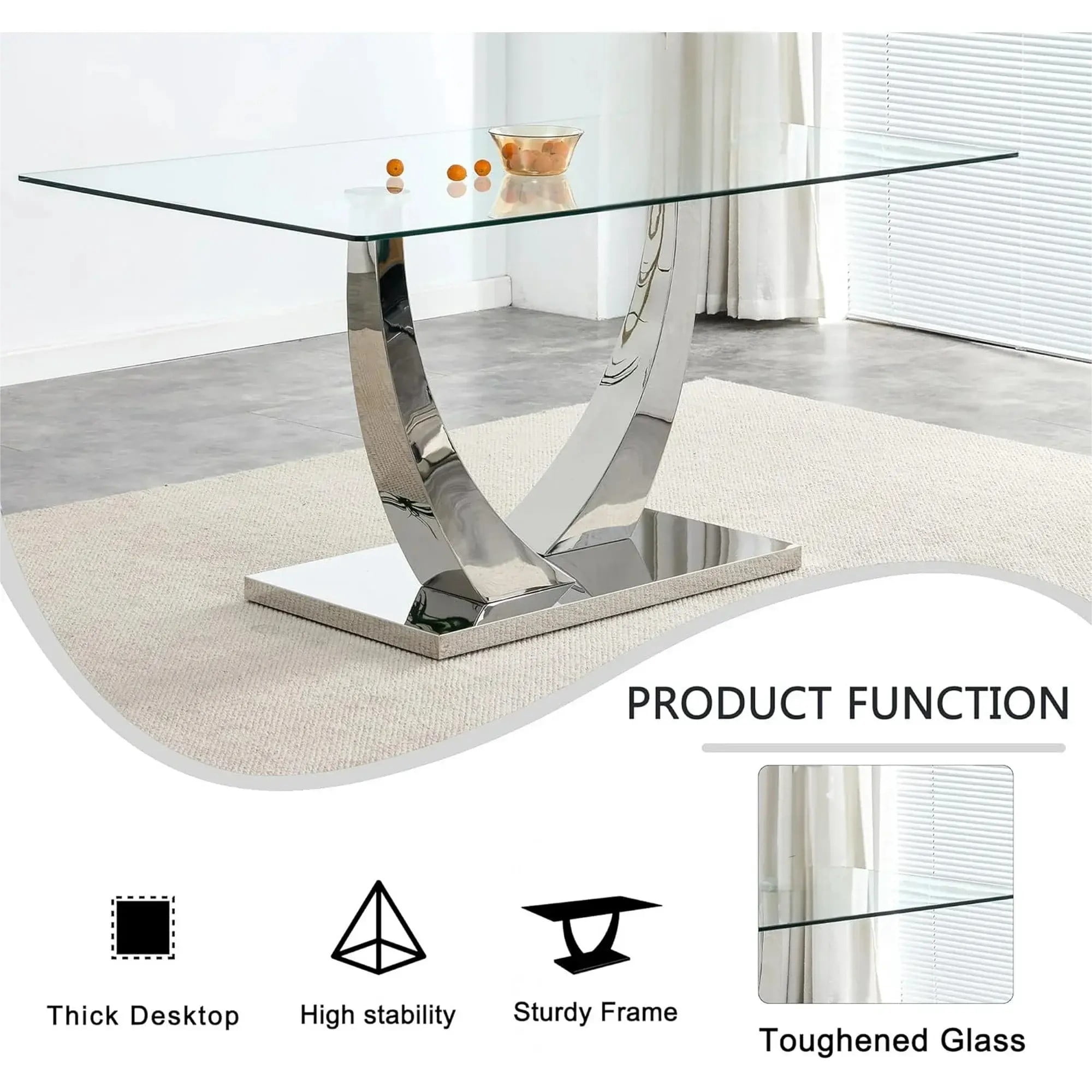 SUDICA Dining Table Set 63 Inch Rectangular Glass Top Silver Metal U Base 7 Piece Dining Room