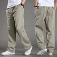 thumbnail image 2 of Men's Cotton Casual Pants Twill Straight-Leg Full Elastic Waist Pull On Cargo Pants Spring Fall Lightweight Workwear Trousers with Multi-Pocket Light Gray M, 2 of 7