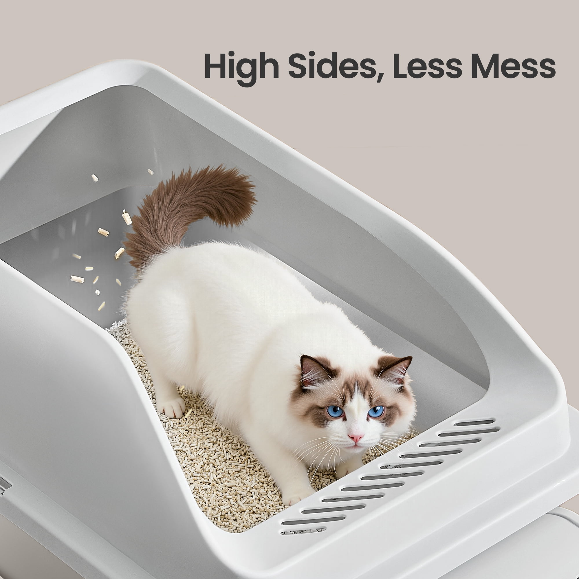 LEDREM Stainless Steel Open Top Cat Litter Box with Step, High-Sided Litter Tray for Cats up to 33 lb, Dove Gray