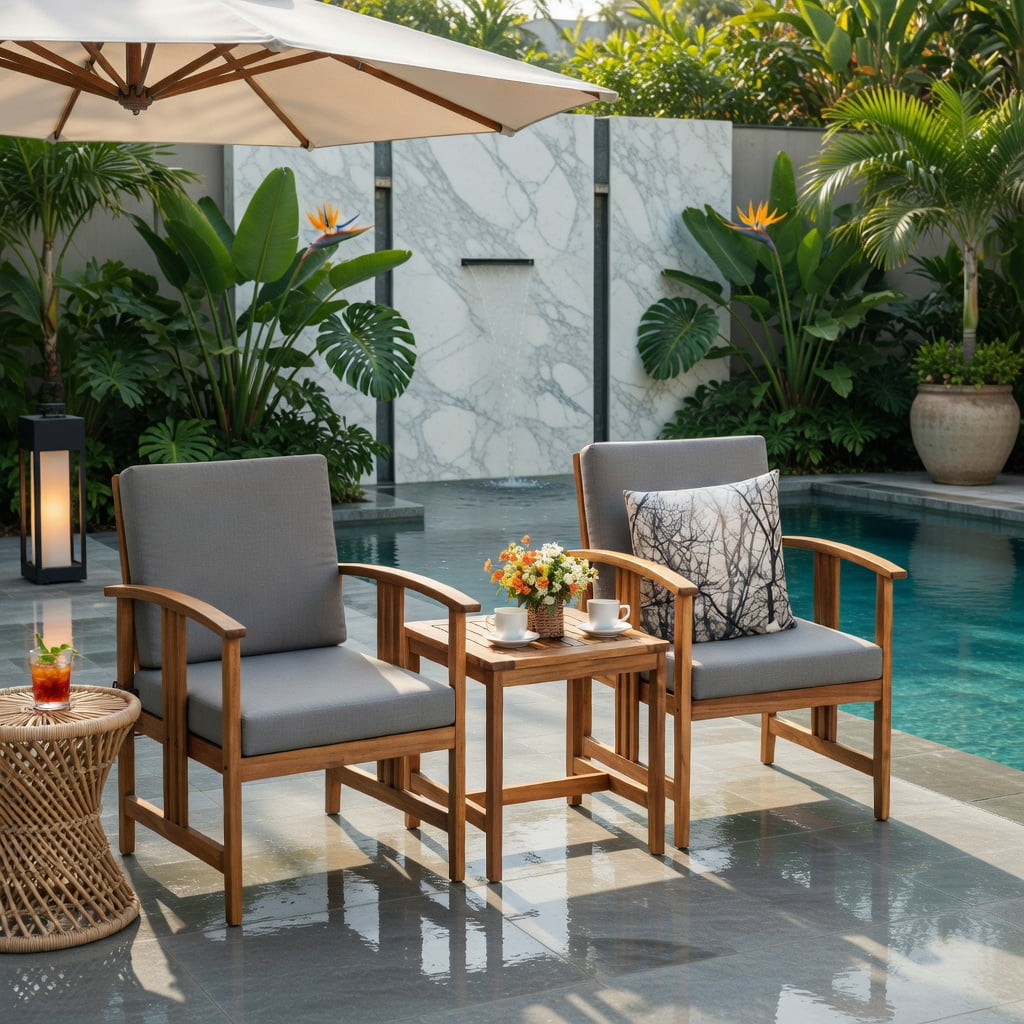 Hommoo 3-Piece Acacia Wood Outdoor Patio Sofa Set, Cushioned Garden Seating with Removable Washable Covers, Gray