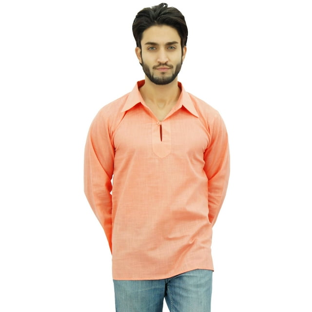 Atasi Indian Ethnic Men's Short Kurta Full Sleeve Collar Cotton Peach Shirt-Large