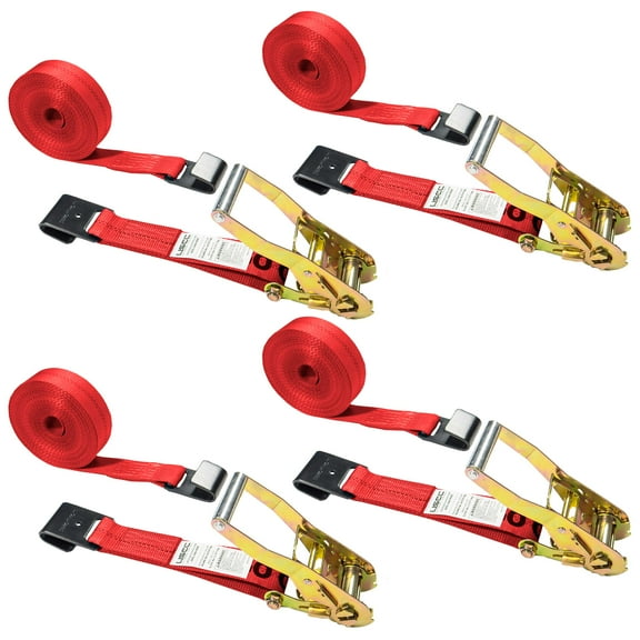US Cargo Control - Flat Hook Ratchet Straps - 2 Inch Wide X 30 Foot Long - Red Ratchet Straps - Wide Handle Ratchet - Ratchet Strap With Flat Hook - Dependable Tie Downs For Cargo Securement - 4 Pack