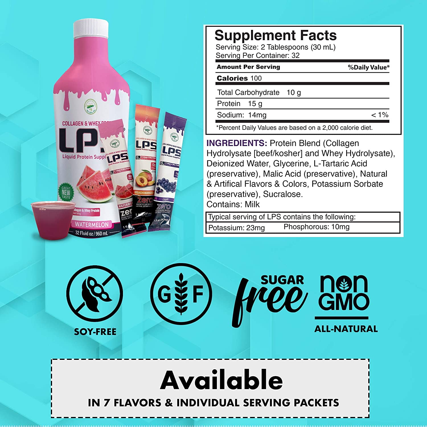 LPS Collagen Whey Protein Liquid Supplement Sugarless Cherry Flavor by Nutritional Designs , 32oz