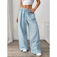 thumbnail image 4 of Women Drawstring Striped Pants Loose Wide Leg Trousers Casual Low Waist Pants Comfy Lounge Pants with Pockets Blue M, 4 of 9