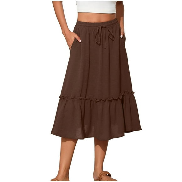 Limited Time Deal Iumwxz Ruffle Pleated Lightweight Flare Skirts Skirts for Women Trendy Summer Solid Skirt Elastic Mid Waist Mid-Length Skirt for Ladies Dressy Officewear