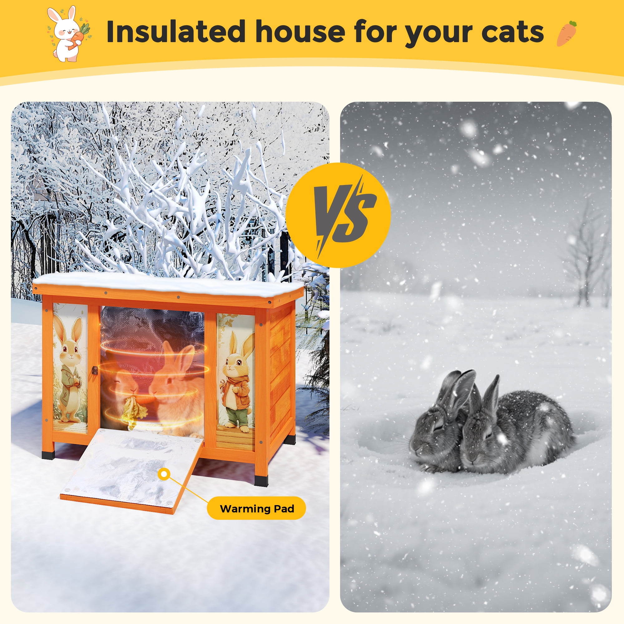 24'' Heated Small Rabbit Hutch for Winter, Cat House Outdoor Indoor with Warm Liner, Waterproof Structure, Suitable for Cats, Rabbits, Small Pets (Orange)