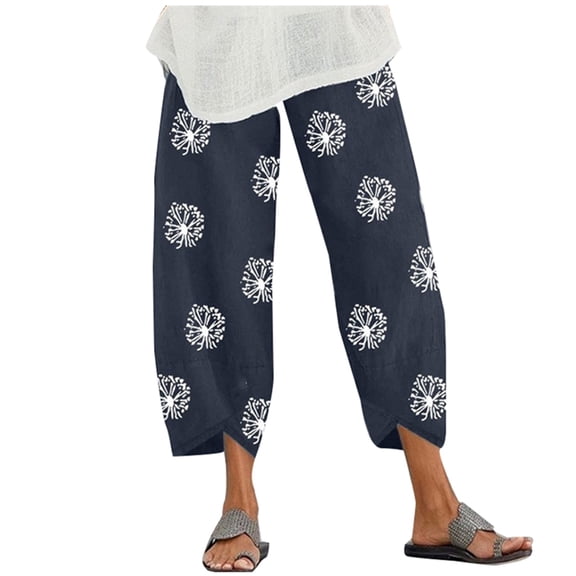 Yuanlong Womens Pants Dandelion Print Elastic Waist Lightweight Loose Fit Trousers Wrap Split Hem Casual Vacation Beach Pants