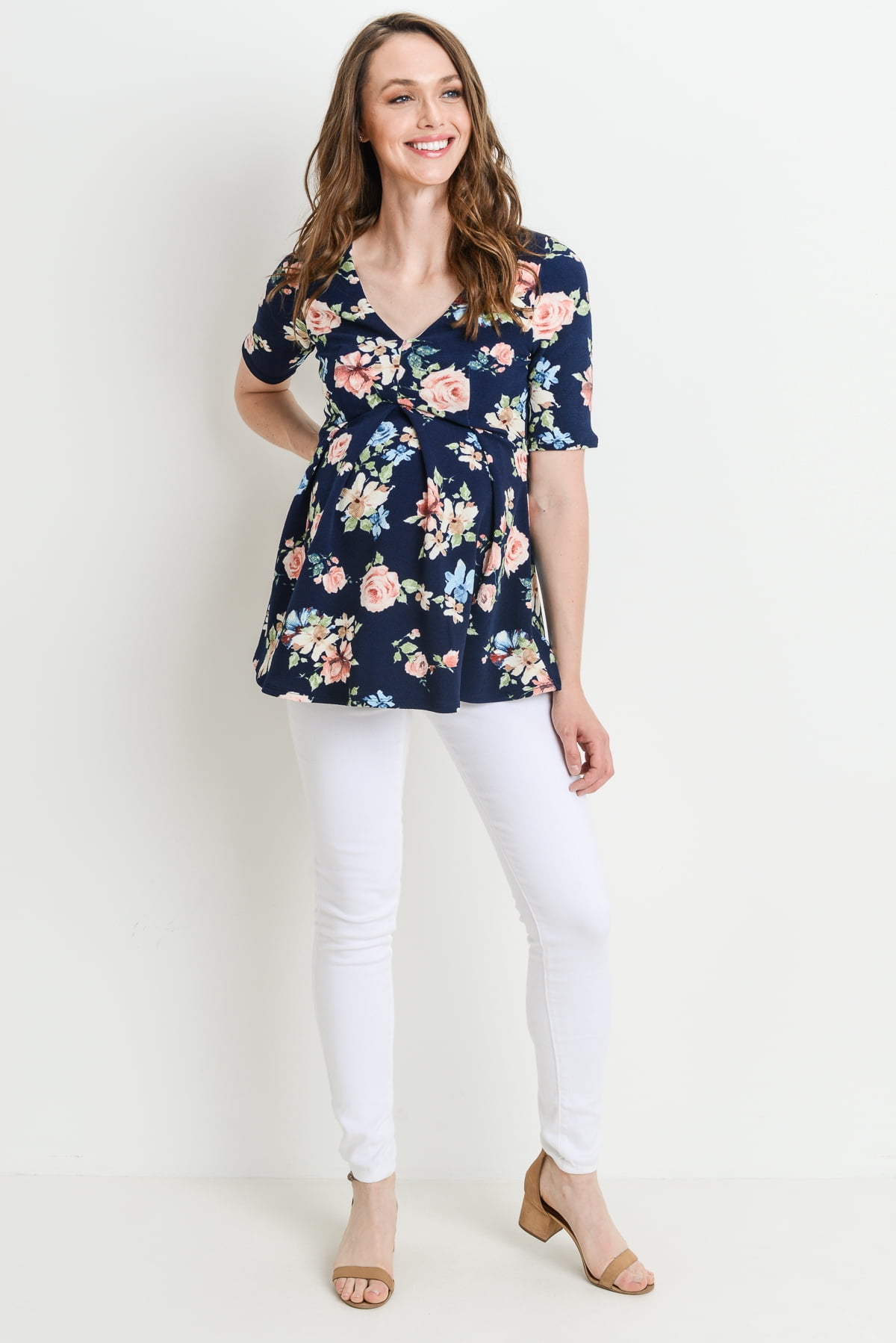 LaClef Women's Floral and Polka Dot Pleated Peplum V Neck Maternity Top